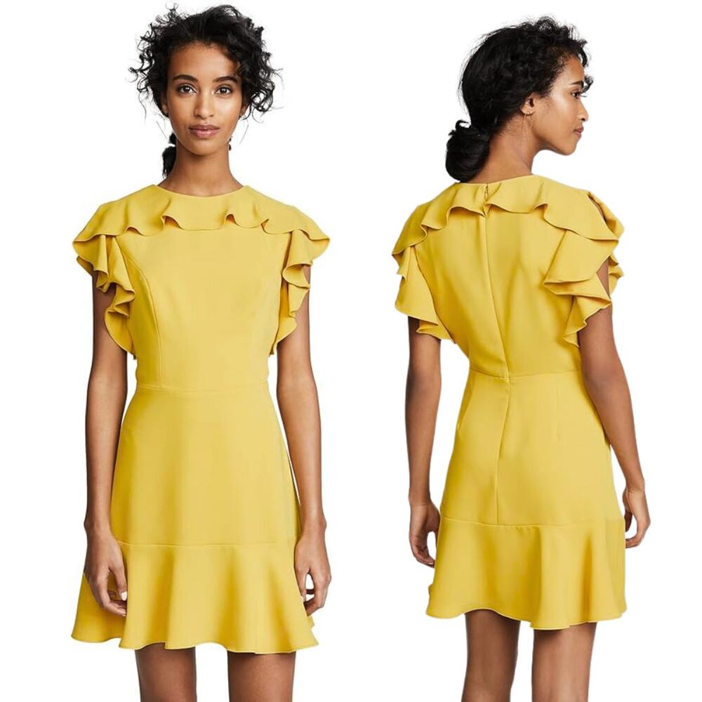 Amanda Uprichard Emery Ruffle A-Line Mini Dress Yellow Marigold Crewneck Medium